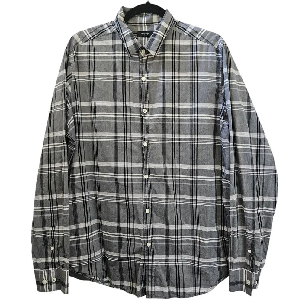 Theory Shirt Mens XL Black Grey Plaid Long Sleeve Button Up Cotton Preppy Office